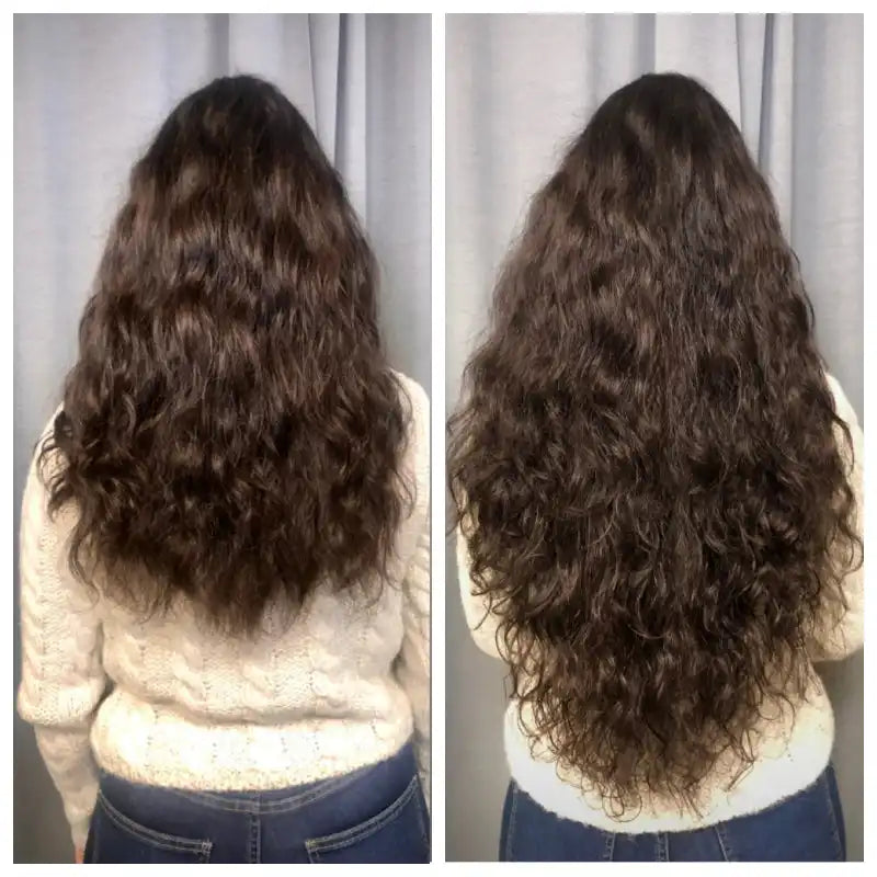 Vorher- und Nachher-Bilder von langen, dunklen, welligen Haaren.