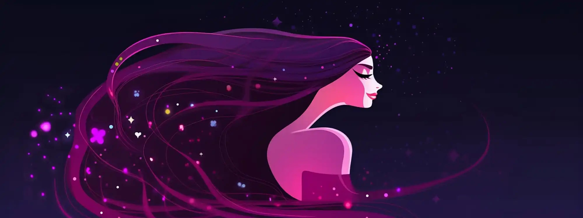 Stilisierte Illustration einer Frau mit fließendem lila Haar.