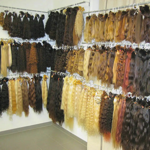 La nostra “Hairwall”, centinaia di trecce di capelli grezzi per extension da DAS Haaratelier Wohlen